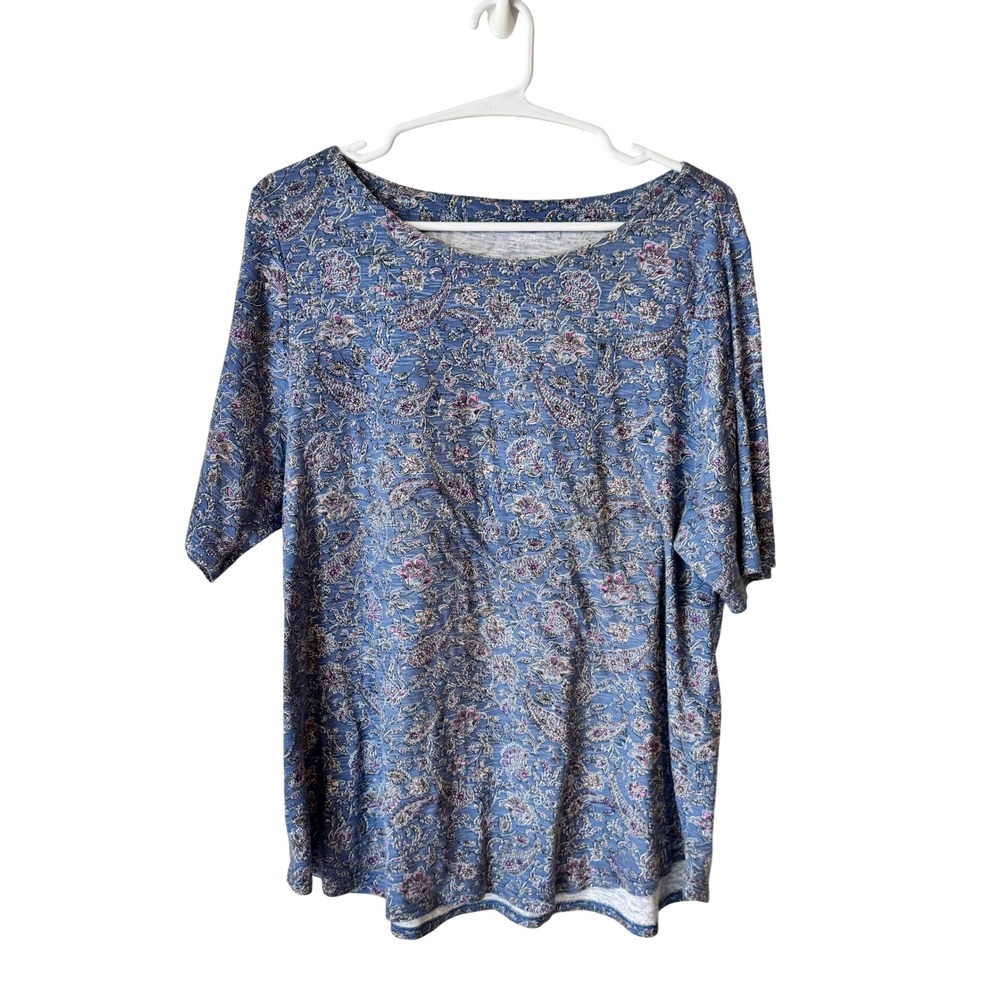 Womens Blue Paisley Floral Boat Neck Short Sleeve Slub Knit Relaxed Top
